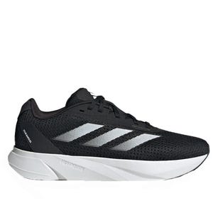 Black running shoes with three white stripes on the side, featuring a low-top design and a thick white sole for cushioning.