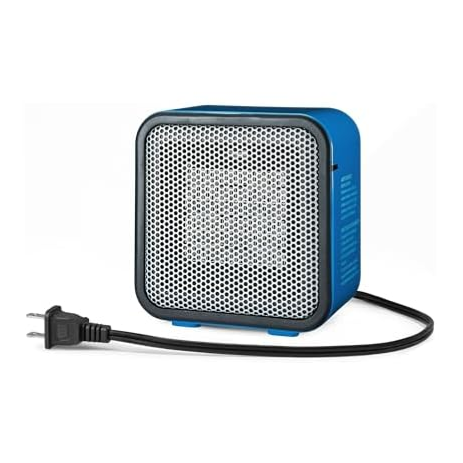A compact blue portable electric heater with a front mesh grille and attached power cord.