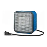 A compact blue portable electric heater with a front mesh grille and attached power cord.