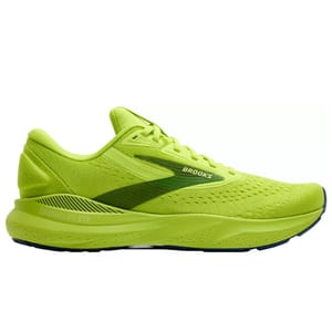 Bright green running shoe from Brooks with a low-cut design and mesh upper for breathability.