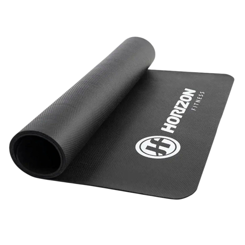 A rolled-up black fitness mat with \“Horizon Fitness\“ branding on it.