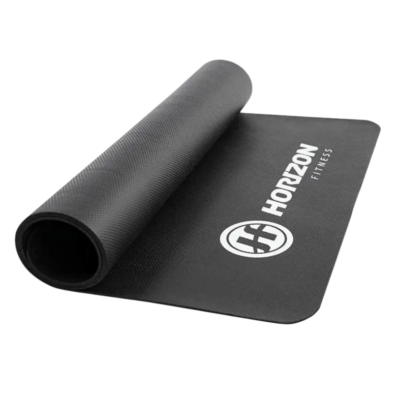 A rolled-up black fitness mat with \“Horizon Fitness\“ branding on it.