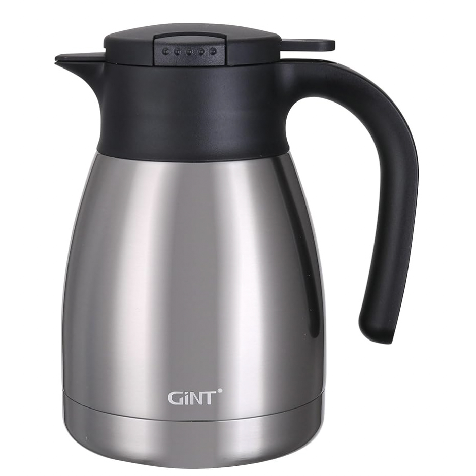 34oz thermal carafe with a stainless steel body and black plastic handle and lid, featuring a simple push-button spout for pouring.