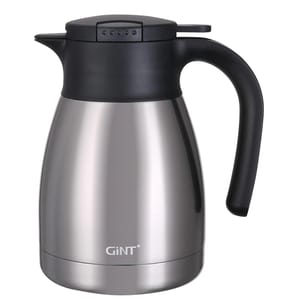 34oz thermal carafe with a stainless steel body and black plastic handle and lid, featuring a simple push-button spout for pouring.