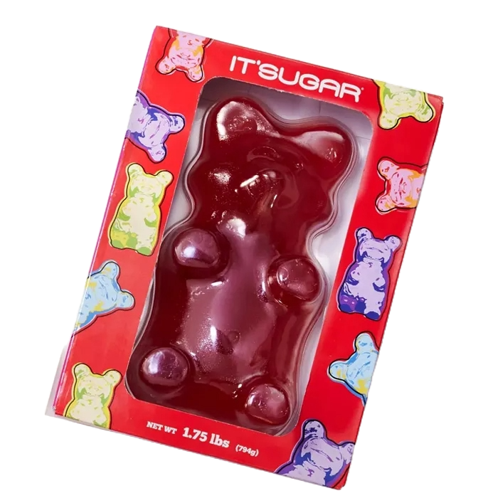 A large gummy bear from IT'SUGAR, weighing 1.75 lbs (794g). The packaging is red with colorful gummy bear illustrations.