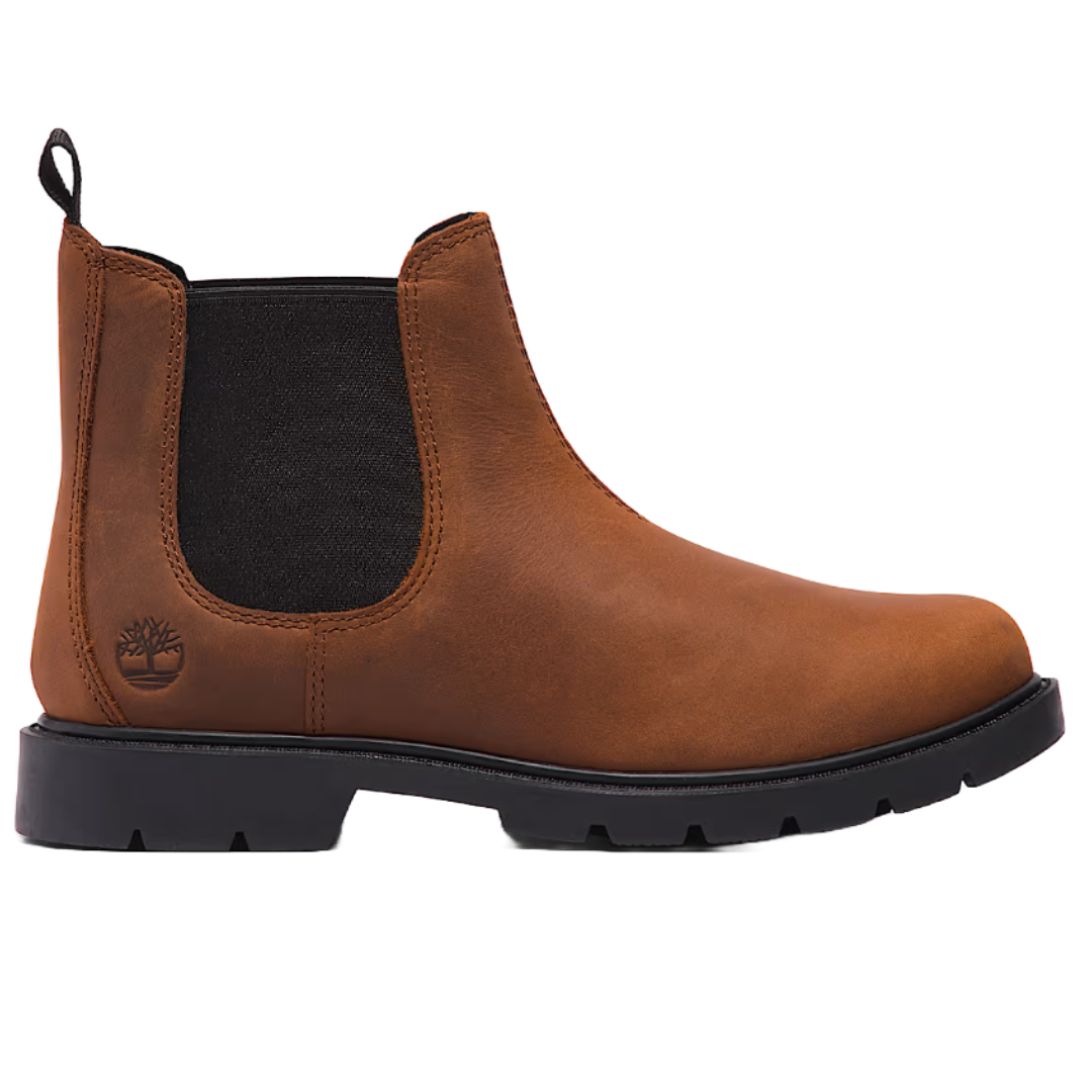 Timberland Chelsea Boots in brown feature a smooth leather upper with elastic side panels, a black pull tab at the back, and a sturdy black sole with treads for traction. The brand's logo is subtly engraved near the heel.