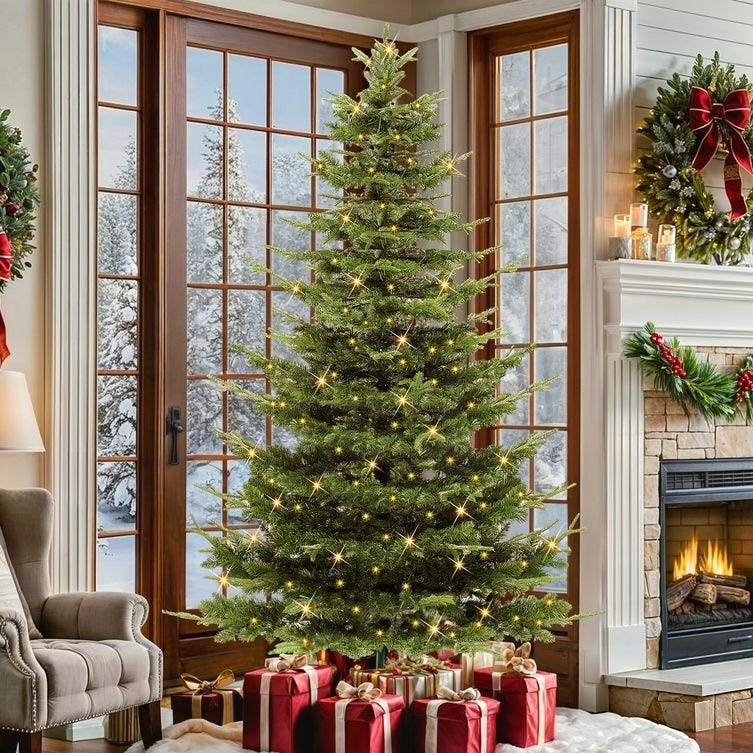 A decorated Christmas tree with lights stands by a fireplace, surrounded by wrapped gifts. The room features a large window with a snowy outdoor view, a wreath, and festive decor.