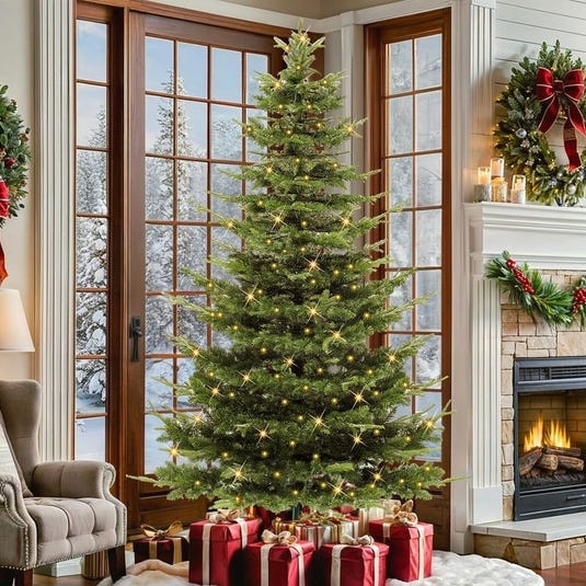 A decorated Christmas tree with lights stands by a fireplace, surrounded by wrapped gifts. The room features a large window with a snowy outdoor view, a wreath, and festive decor.