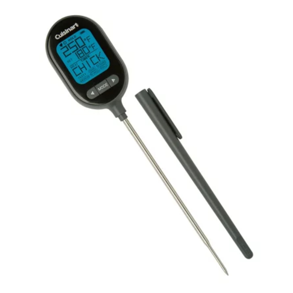 Digital meat thermometer with a stainless steel probe and protective sleeve, displaying a blue LCD screen for temperature readings.