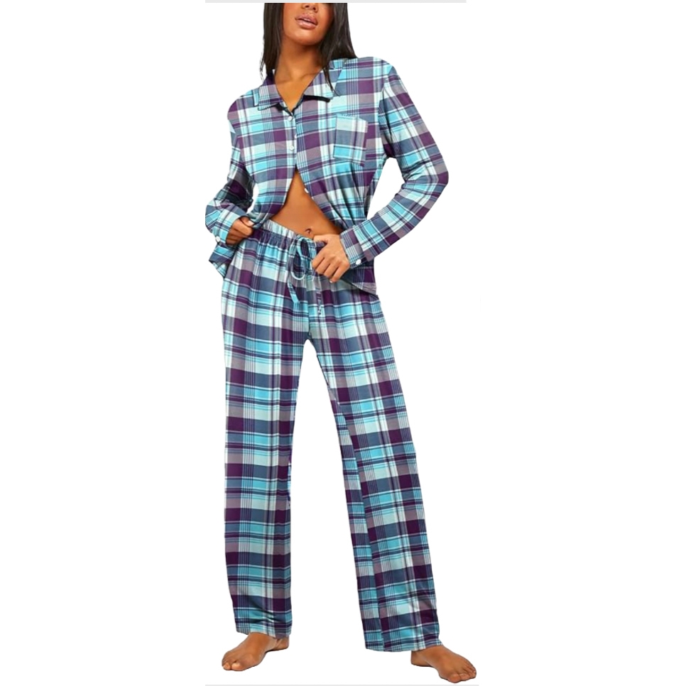 Women's pajamas featuring a long-sleeve button-up top and drawstring pants in a blue, purple, and white plaid pattern.