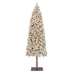 This is a slim, artificial Christmas tree with dense branches, a significant amount of white flocking giving it a snow-covered appearance, and it's pre-lit with lights for a bright, festive look.