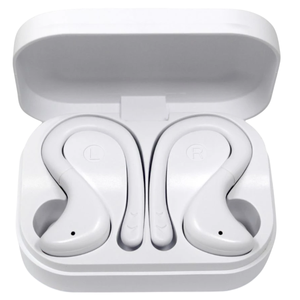 Wireless earbuds in a charging case, with an ergonomic design labeled L and R for left and right ears.