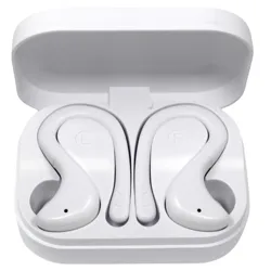 Wireless earbuds in a charging case, with an ergonomic design labeled L and R for left and right ears.