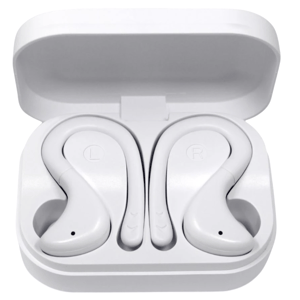 Wireless earbuds in a charging case, with an ergonomic design labeled L and R for left and right ears.