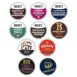 Collection of 10 coffee pod labels from various brands, featuring different blends and roast levels like dark, medium, and extra dark. Varieties include flavors such as Organic Honduras, French Roast, and Espresso.