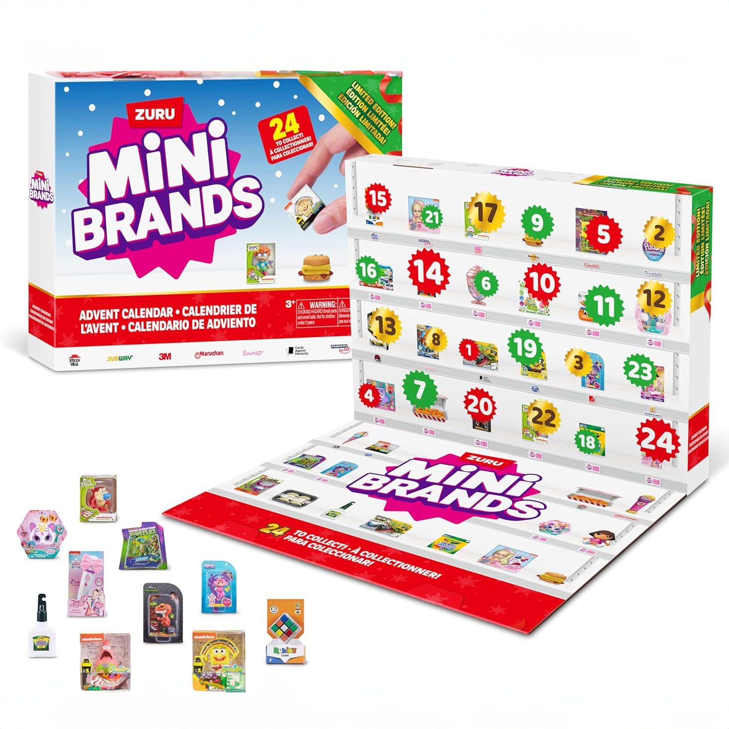 The Mini Brands Advent Calendar features miniatures of various branded items and a fold-out play mat, with numbered doors for each day leading up to Christmas.
