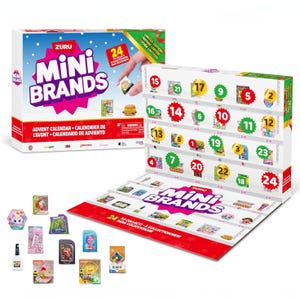 The Mini Brands Advent Calendar features miniatures of various branded items and a fold-out play mat, with numbered doors for each day leading up to Christmas.