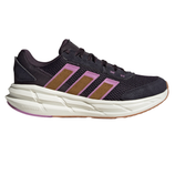 A black Adidas running shoe featuring brown and pink stripes, with a white Cloudfoam midsole and gum outsole.