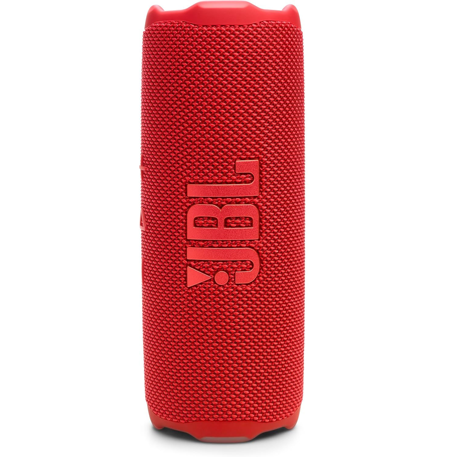 A red JBL portable Bluetooth speaker with a fabric exterior and rubberized top and bottom.