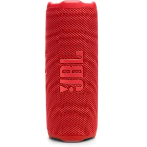 A red JBL portable Bluetooth speaker with a fabric exterior and rubberized top and bottom.