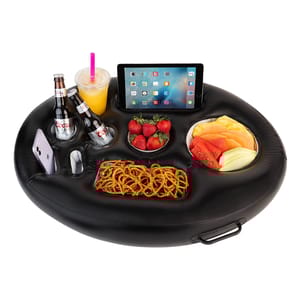 Inflatable floating tray with compartments for drinks, snacks, a tablet, and a phone, featuring pretzels, strawberries, mixed fruit, beer bottles, an orange drink, and a tablet.