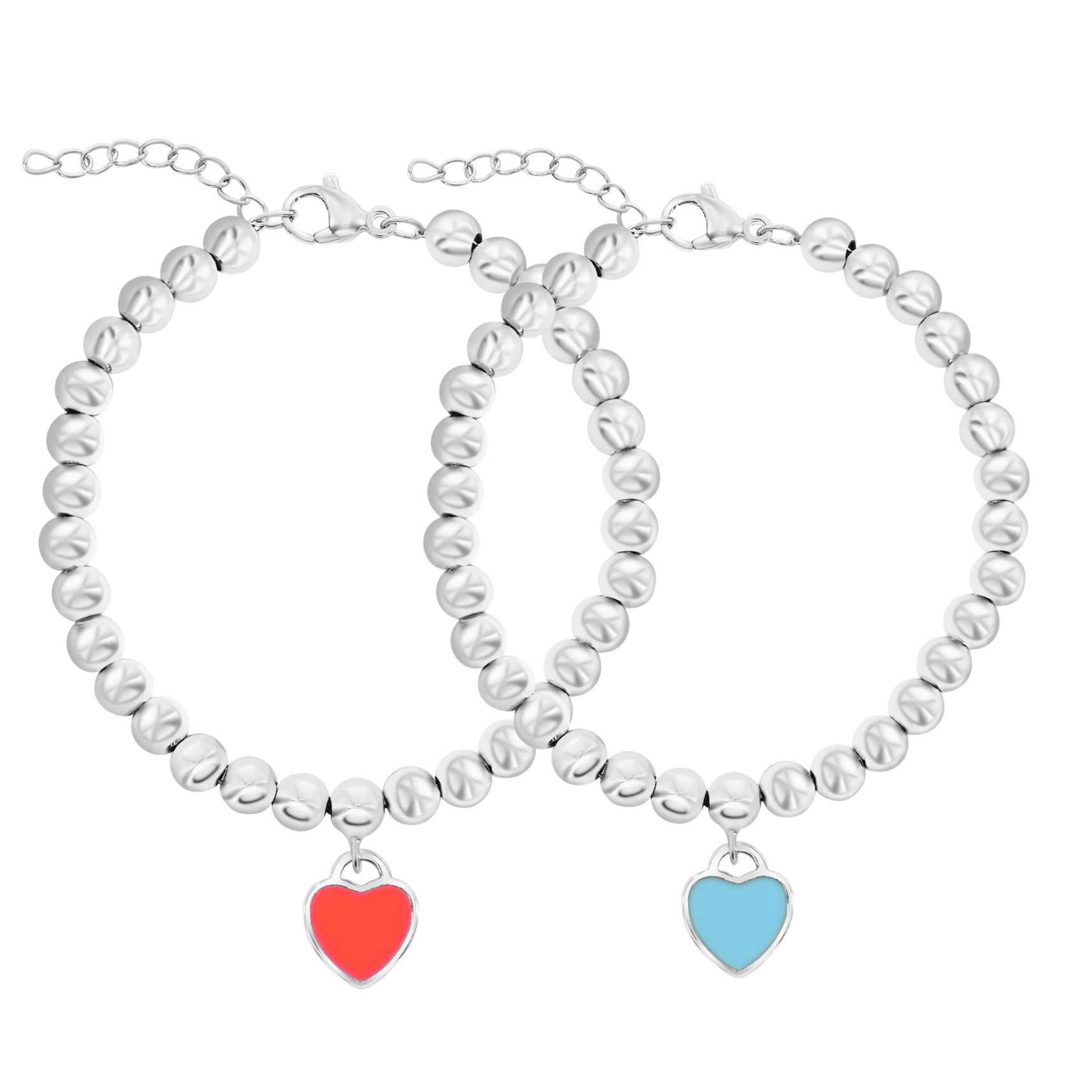 A set of two silver bracelets featuring round beads with heart-shaped charms, one with a red heart and the other with a blue heart. Both bracelets have adjustable chain clasps.