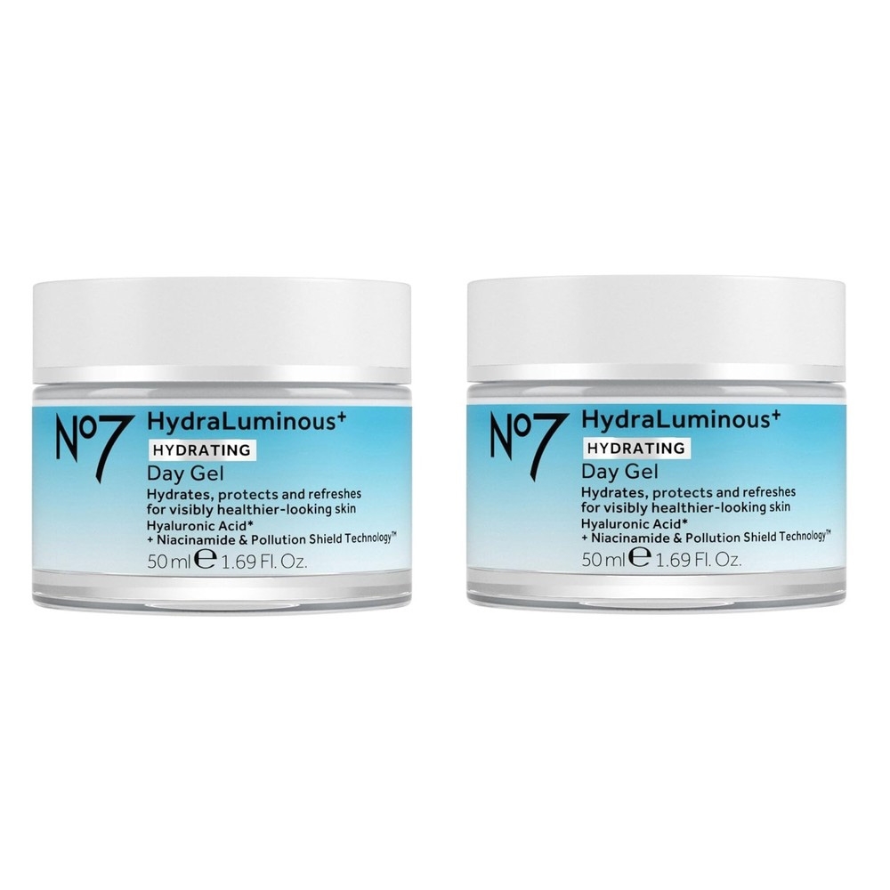 2-pack of No7 HydraLuminous+ Hydrating Day Gel, each 50ml (1.69 fl. oz.), designed to hydrate, protect, and refresh skin. Contains hyaluronic acid, niacinamide, and Pollution Shield Technology for visibly healthier-looking skin.