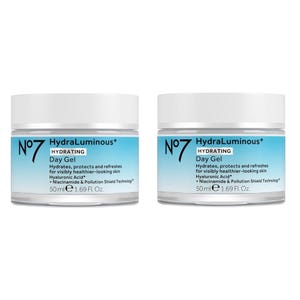 2-pack of No7 HydraLuminous+ Hydrating Day Gel, each 50ml (1.69 fl. oz.), designed to hydrate, protect, and refresh skin. Contains hyaluronic acid, niacinamide, and Pollution Shield Technology for visibly healthier-looking skin.