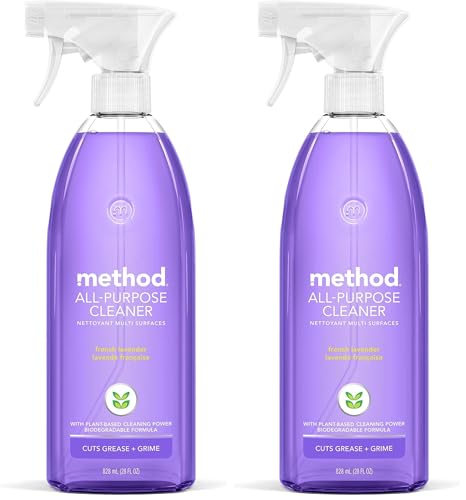 Two bottles of Method All-Purpose Cleaner in lavender fragrance, 28 oz each, designed for multi-surface cleaning with plant-based, biodegradable formula.