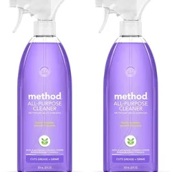 Two bottles of Method All-Purpose Cleaner in lavender fragrance, 28 oz each, designed for multi-surface cleaning with plant-based, biodegradable formula.