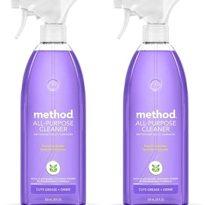 Two bottles of Method All-Purpose Cleaner in lavender fragrance, 28 oz each, designed for multi-surface cleaning with plant-based, biodegradable formula.