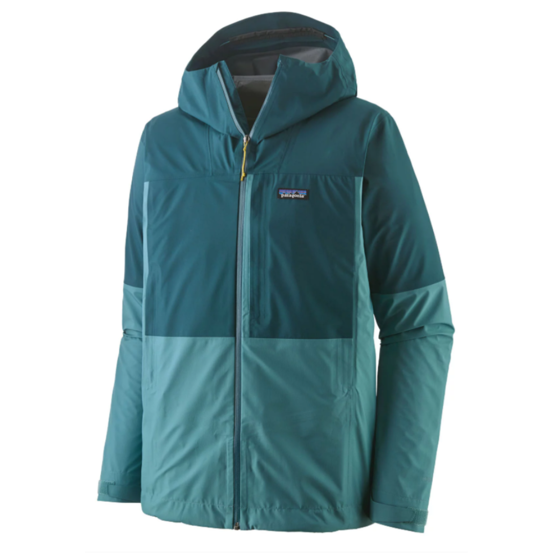 A teal hooded jacket with a two-tone design, featuring a zippered front and a small logo patch on the chest.