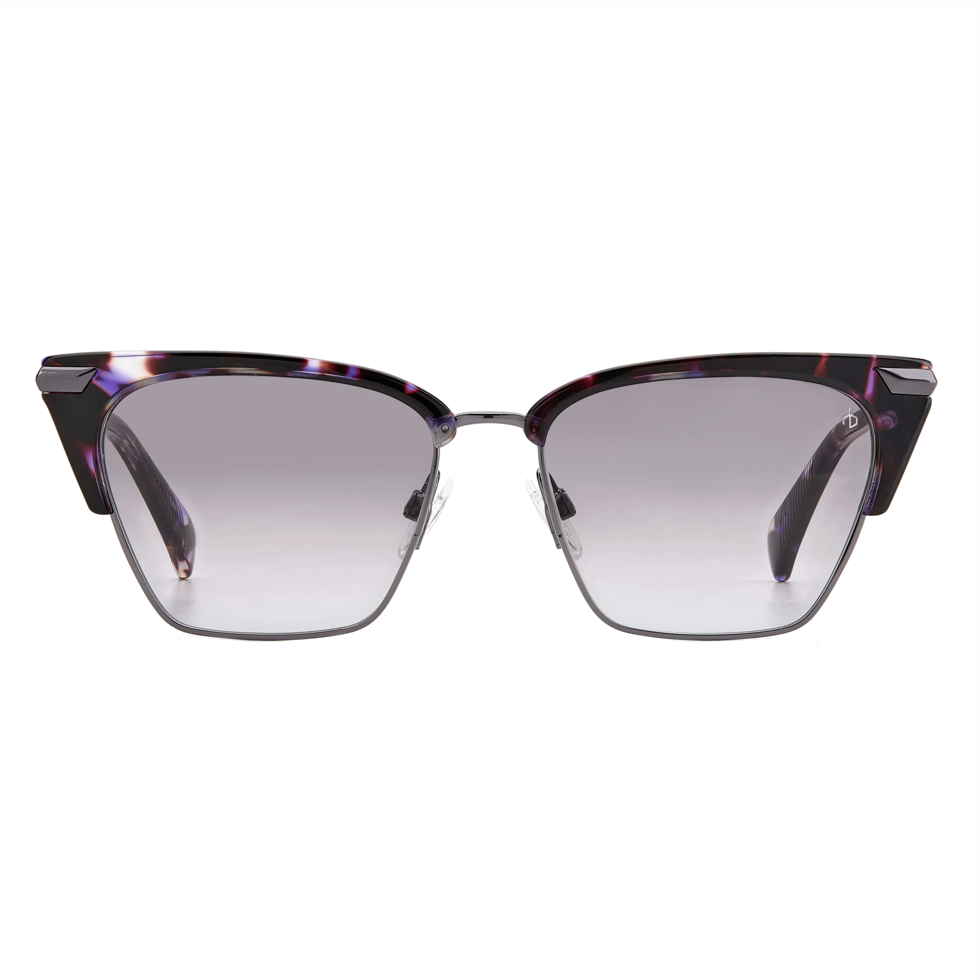 Rag & Bone cat-eye sunglasses feature a purple tortoise-patterned frame with gray gradient lenses and metal accents. The design combines retro and modern elements.