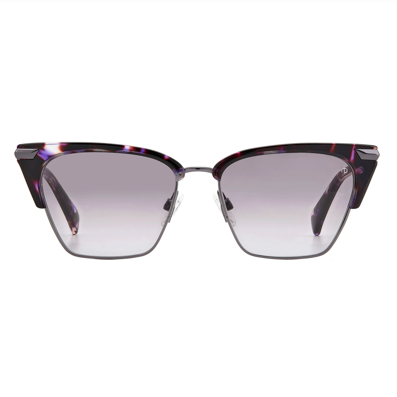 Rag & Bone cat-eye sunglasses feature a purple tortoise-patterned frame with gray gradient lenses and metal accents. The design combines retro and modern elements.