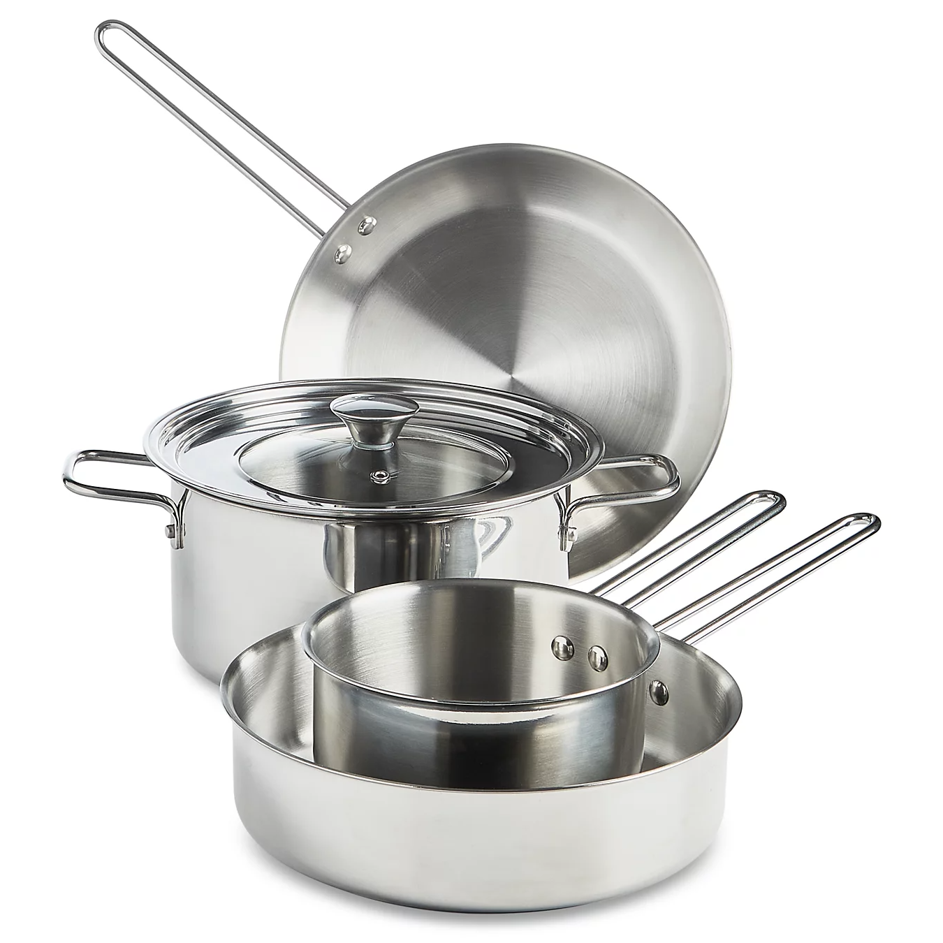 5-piece stainless steel cookware set includes a stockpot with a lid, a saucepan, a sauté pan, and a frying pan. Each item features sleek, ergonomic handles for easy maneuvering. Ideal for various cooking needs.