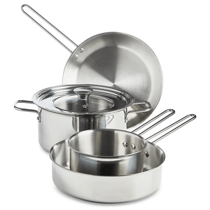5-piece stainless steel cookware set includes a stockpot with a lid, a saucepan, a sauté pan, and a frying pan. Each item features sleek, ergonomic handles for easy maneuvering. Ideal for various cooking needs.