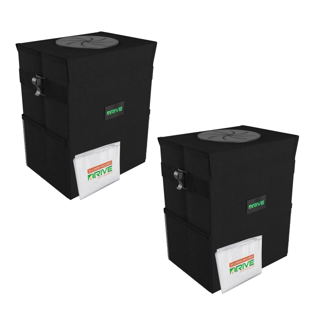 2-pack black car trash cans with a rectangular shape, featuring buckle straps for secure attachment and a flip-top lid. Each pack includes 20 disposable bags, stored in a front pocket.
