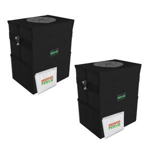 2-pack black car trash cans with a rectangular shape, featuring buckle straps for secure attachment and a flip-top lid. Each pack includes 20 disposable bags, stored in a front pocket.