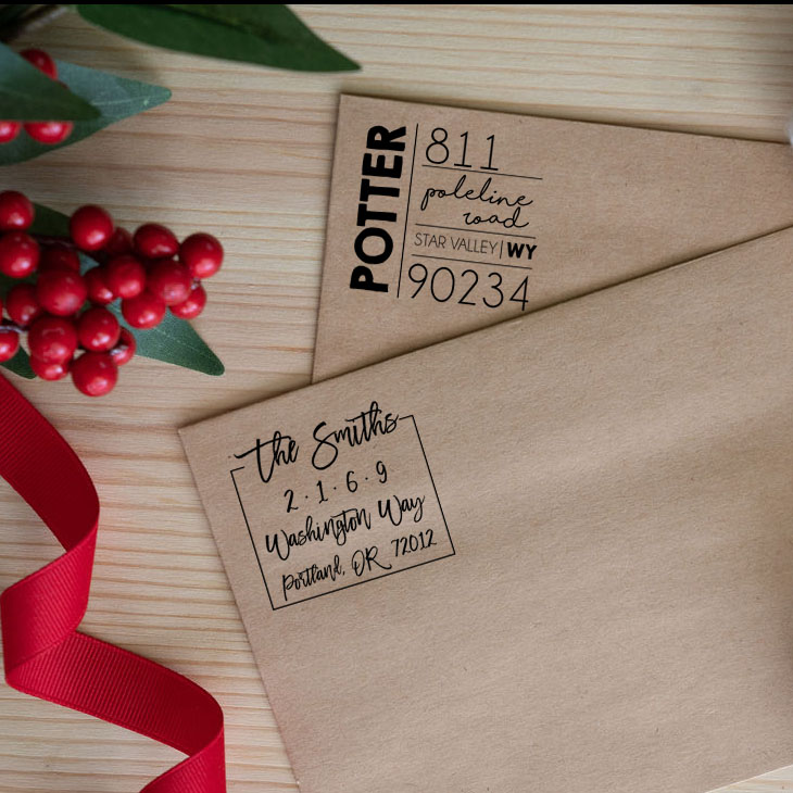 A border address stamp displaying \“The Smiths,\“ featuring an address layout with numbers 2 1 6 9, followed by \“Washington Way, Portland, OR 72012\“ in a decorative font, surrounded by a rectangular border.