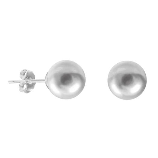 A pair of spherical silver-colored stud earrings with simple post and butterfly backings.