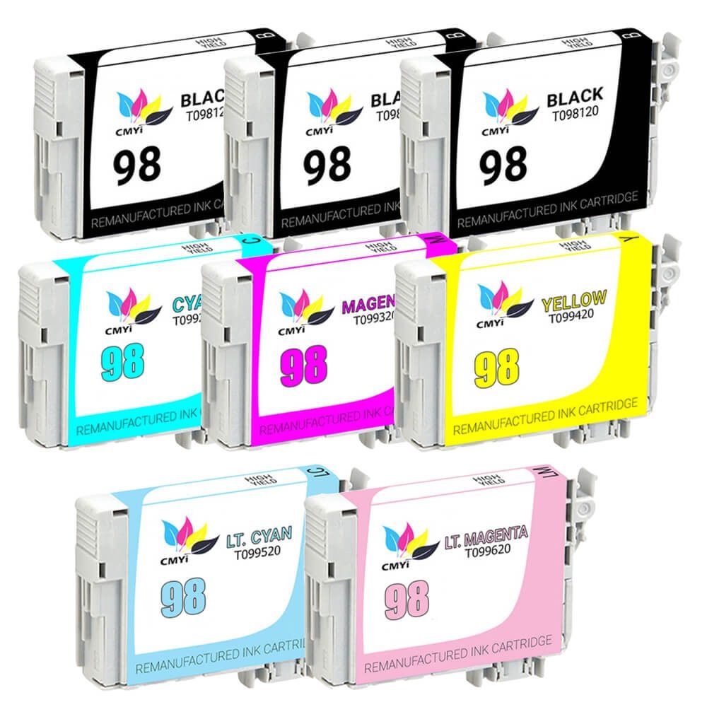 8-pack of remanufactured Epson T098 ink cartridges includes black, cyan, magenta, yellow, light cyan, and light magenta. Each cartridge displays the CMYI logo and is labeled with \“98\“ and specific model numbers.