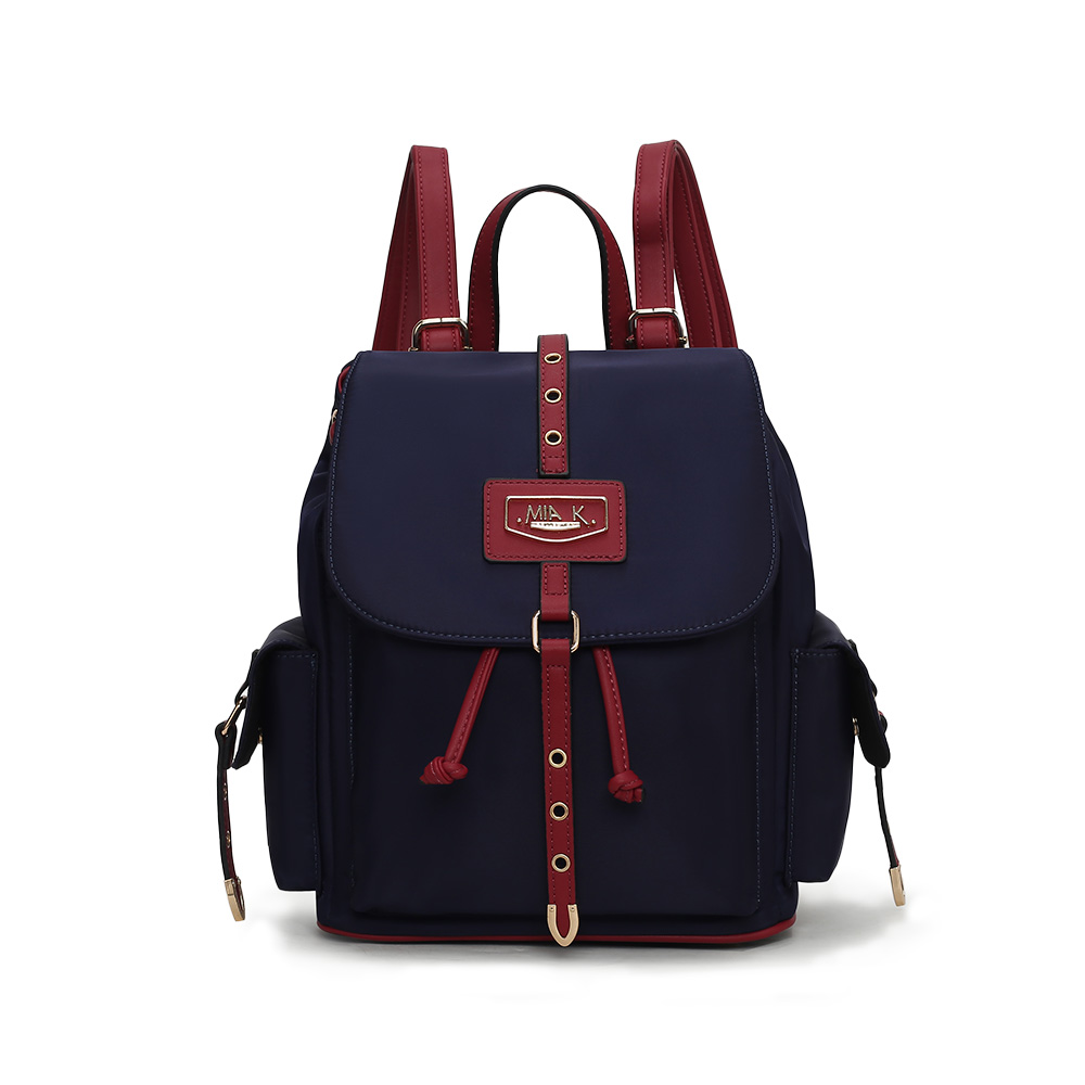 A navy and burgundy backpack with adjustable straps, featuring a flap closure, gold-tone accents, and a front logo; includes side pockets and a drawstring.