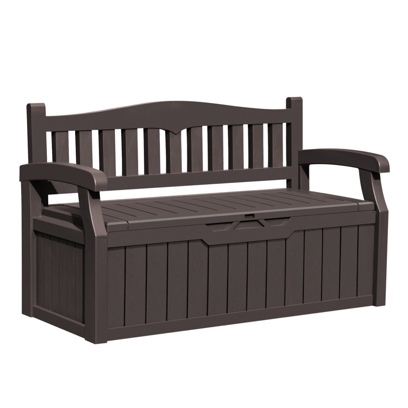 A brown outdoor bench with a slatted backrest and armrests, featuring a storage compartment beneath the seat.