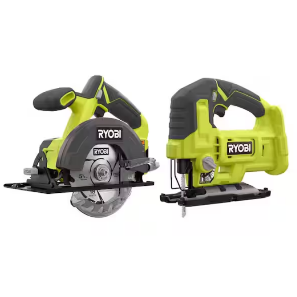A Ryobi 18V circular saw with a 5-1/2 inch blade and a Ryobi jigsaw, both featuring ergonomic grips and cordless operation.