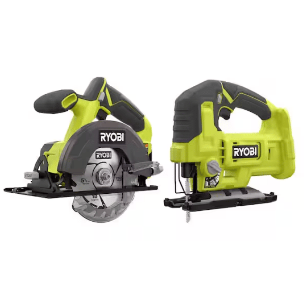 A Ryobi 18V circular saw with a 5-1/2 inch blade and a Ryobi jigsaw, both featuring ergonomic grips and cordless operation.