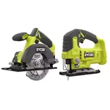 A Ryobi 18V circular saw with a 5-1/2 inch blade and a Ryobi jigsaw, both featuring ergonomic grips and cordless operation.