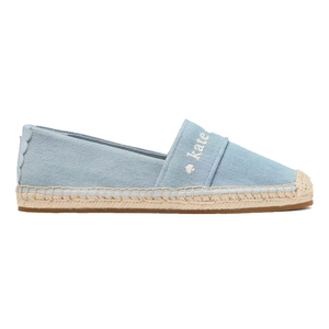 Light blue espadrille with a jute sole and embroidered branding on the upper.