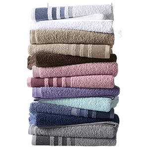 A stack of eleven neatly folded towels in various colors, including white, brown, pink, blue, and gray, each featuring a striped pattern.