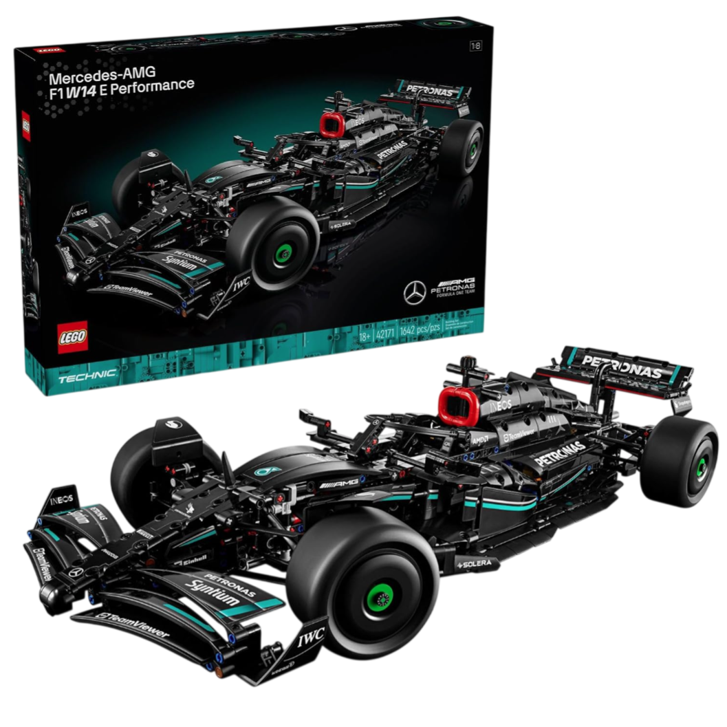 LEGO Technic set 42141 features the Mercedes-AMG F1 W14 E Performance race car, recommended for ages 18+ and includes 1,642 pieces.