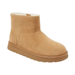 Tan suede ankle boot with a fuzzy lining and a thick, ridged rubber sole.